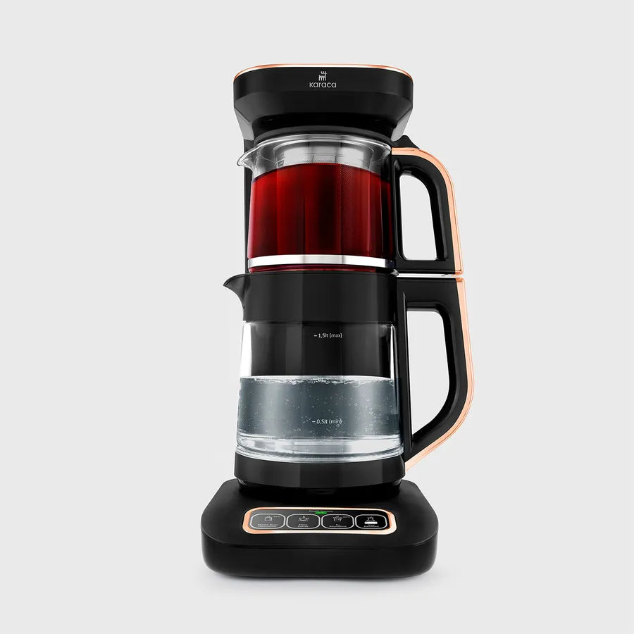 Karaca Caysever Robotea Pro 4 in 1 Sprechende Automatische Glas-Teemaschine, Wasserkocher und Filterkaffeemaschine 2500W Schwarz Kupfer
