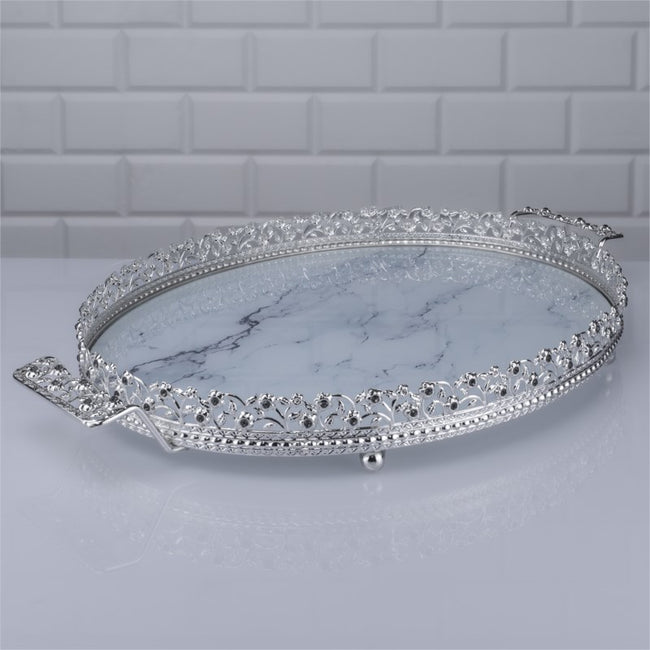 Zeyve Mercan Marmor Design Großes Ovales Tablett mit Griff