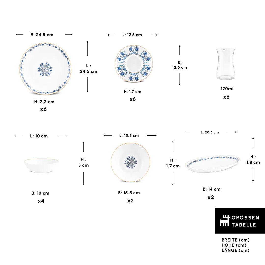Karaca Bone China İznik 26-teiliges Servierset für 6 Personen, Mehrfarbig