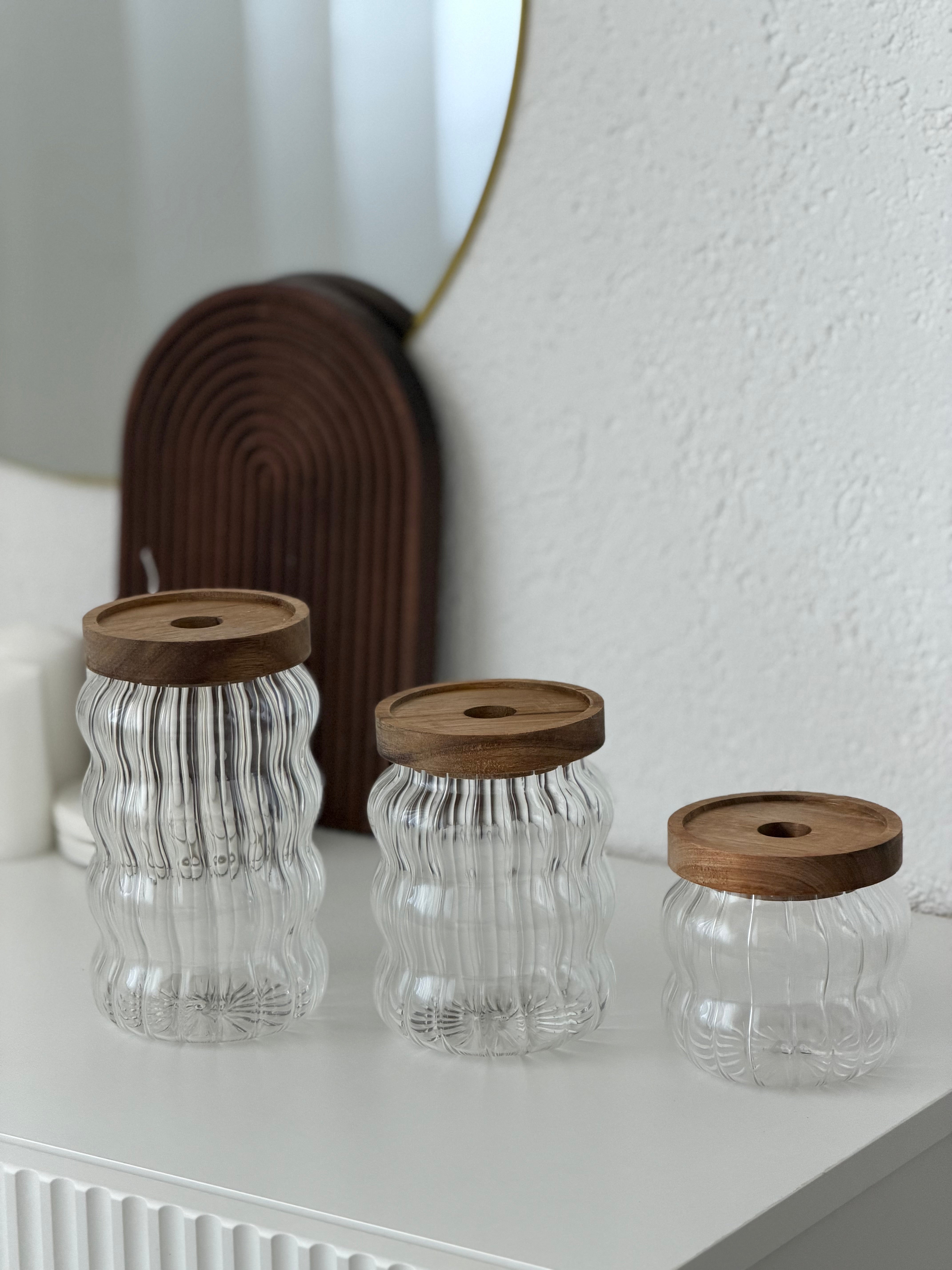 Wave Line Vorratsglas Set mit Akazienholz Deckel 3-Teilig