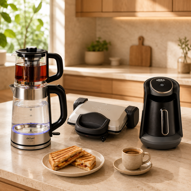 Arzum Küchenstars-Bundle – Teemaschine, Sandwichmaker & Türkische Kaffeemaschine