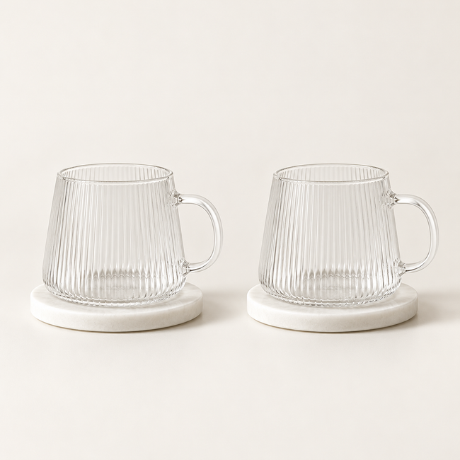 Riffel Teeglas mit Henkel 2er Set 280ml