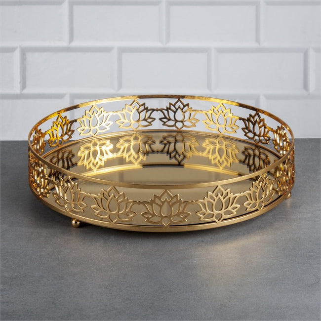Zeyve Lotus Design Gold Mittleres Rundes Tablett