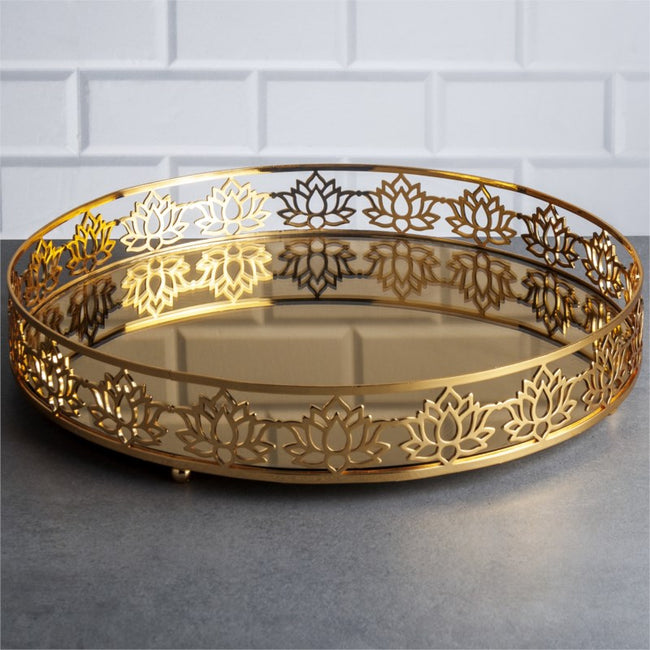 Zeyve Lotus Design Gold Großes Rundes Tablett